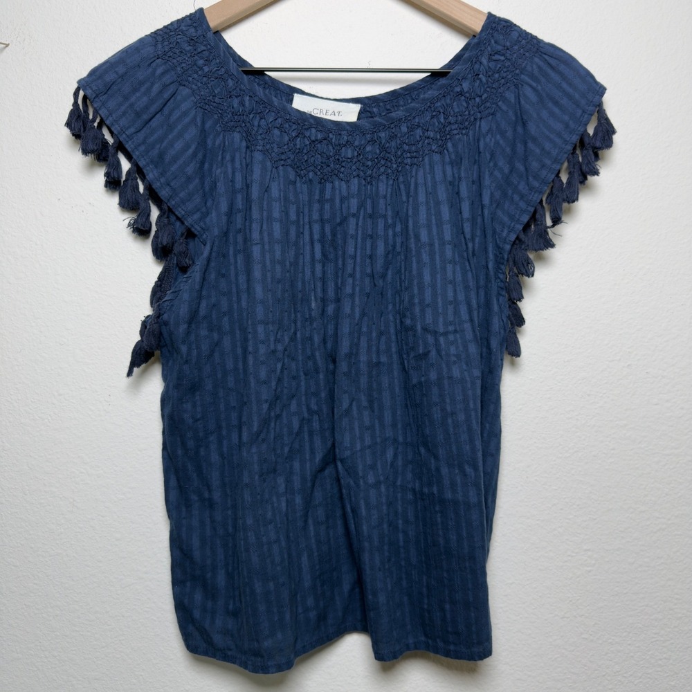 The Great Women Cotton Top Small 1 Blue‎ Tassel Embroidered Cottage Peasant